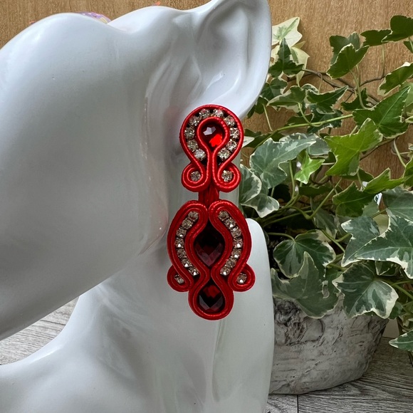 Romantic Red Elegant Dangle Earrings - Soutache Wedding Earrings - Glam Earrings - Picture 7 of 10